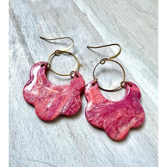 Earrings Statement Earrings Handcrafted Gold Pink Scalloped Arches - Picture 3 of 6